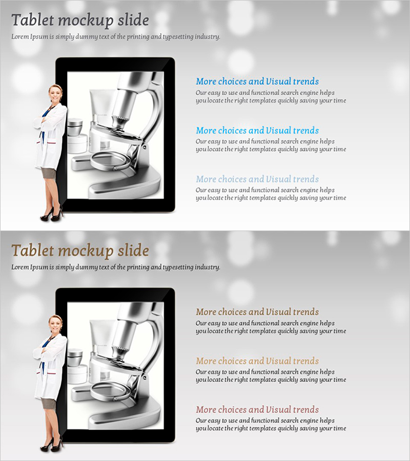 분석 이미지와 태블릿 목업 슬라이드 – 연구개발 및 혁신 기술