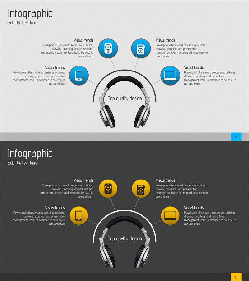 음향기기 제품 특성을 강조한 인포그래픽 슬라이드