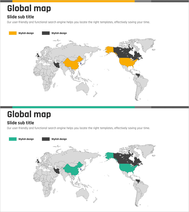 세계지도를 활용한 시장 분석 PPT – 노랑과 청록의 조화