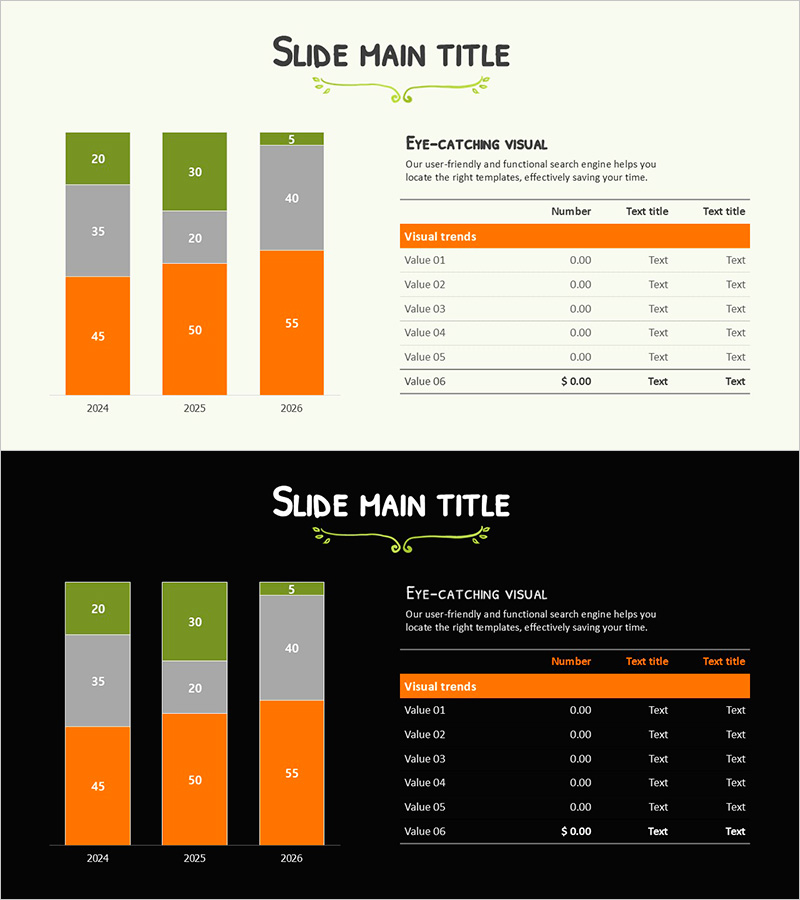 세분형 차트로 시장 동향 시각화 – 그린 오렌지 테마