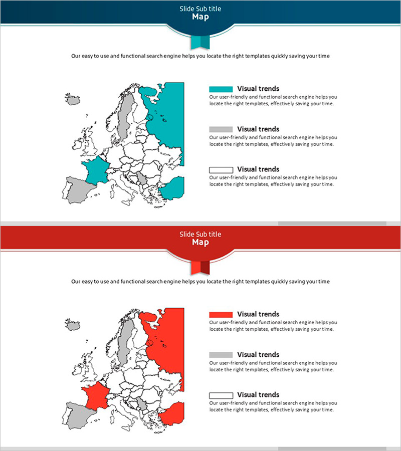 지도와 강조 지역 설명 페이지 – 시장 및 경쟁사 분석