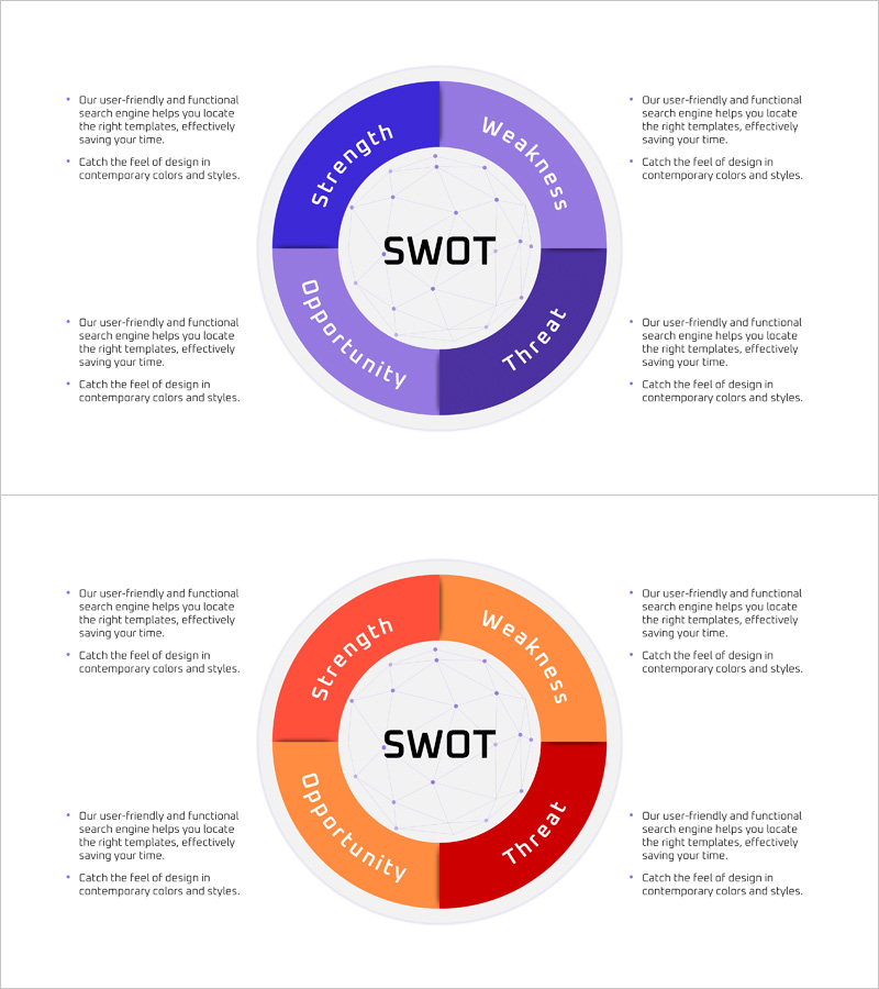 SWOT 원형 분할 다이어그램 – 시장 분석 및 전략 수립