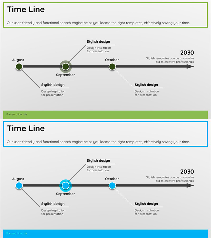 그린 블루 타임라인 슬라이드 – 역동적 사업 추진 계획