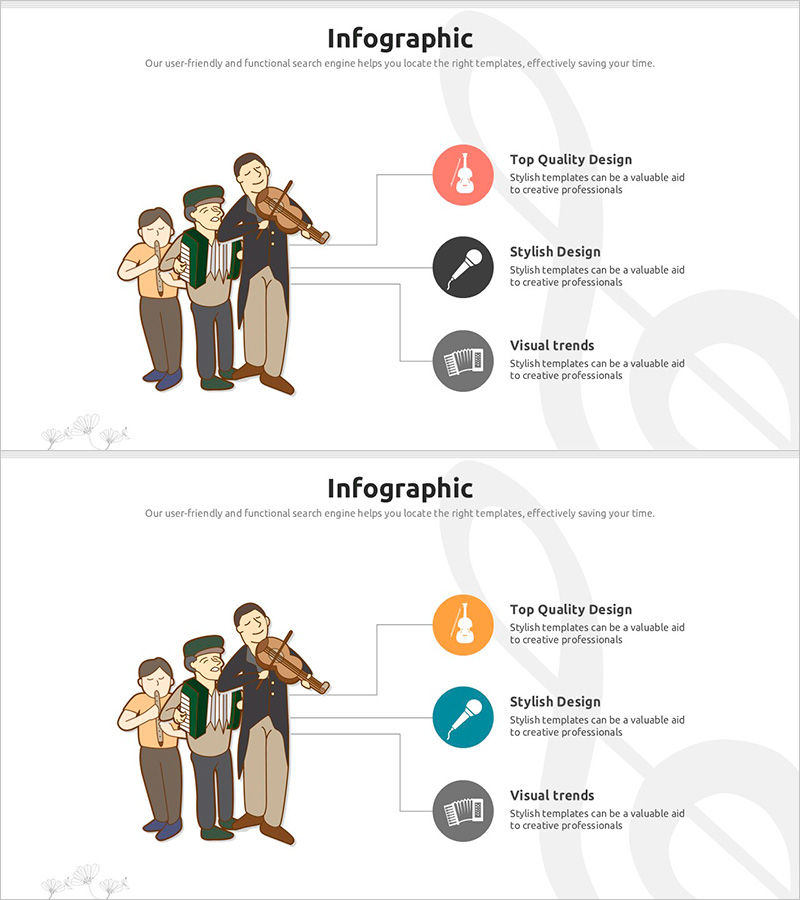 연주자들과 구성도를 위한 서비스 구성도 슬라이드 – 창의력과 협업