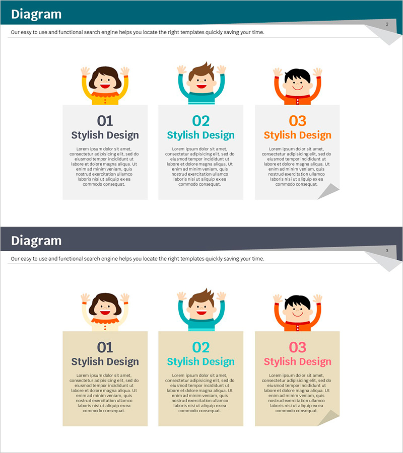 키즈 일러스트와 3개의 설명 텍스트박스 – 친근한 디자인