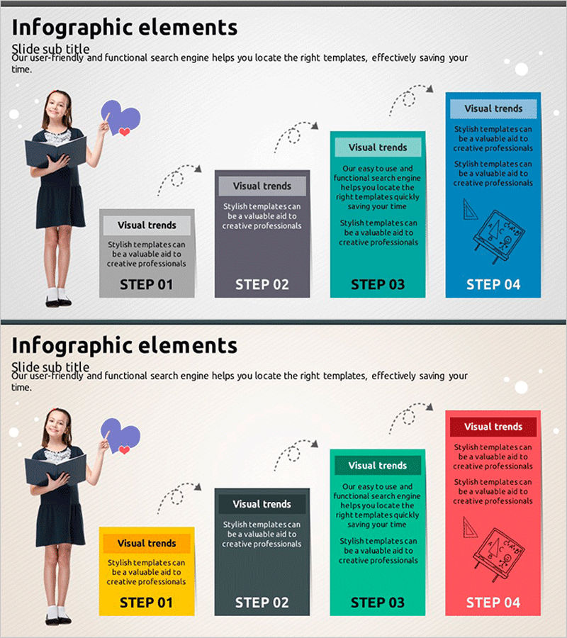 어린이 이미지와 단계 요소를 활용한 슬라이드 템플릿