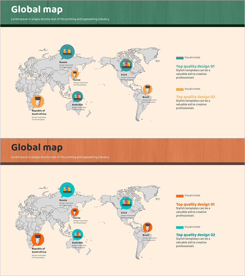 글로벌 맵과 학습 아이콘 슬라이드 – 효과적인 시장 분석