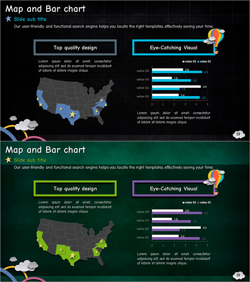 지도와 가로 묶음형 차트 – 시장 분석에 적합한 인포그래픽 슬라이드