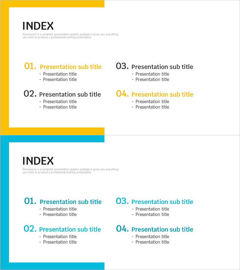 노란색과 파란색의 하프 목차 디자인