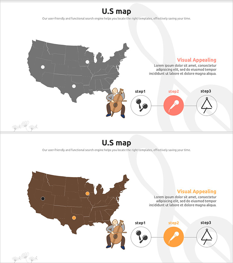 아메리카 맵과 악기 일러스트를 활용한 시장 분석 슬라이드