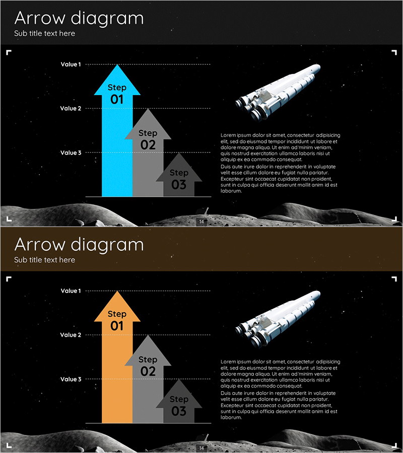 우주 탐험 목표 화살표 그래프 – 사업 추진 전략을 담다