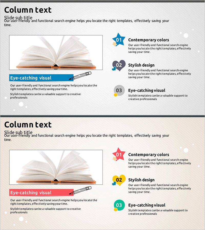 세련된 책 이미지와 칼럼 텍스트 슬라이드 - 사업 소개 및 비전