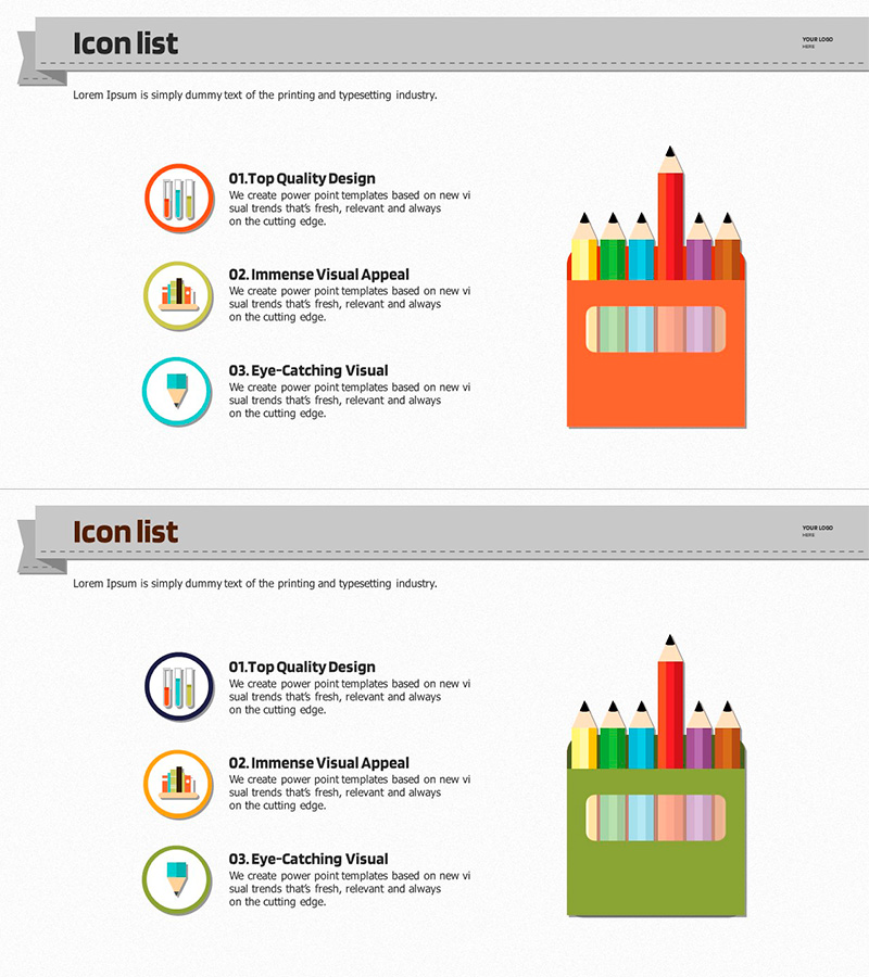 아이콘과 색연필 리스트 슬라이드 템플릿 – 창의적이고 체계적인 정보 전달