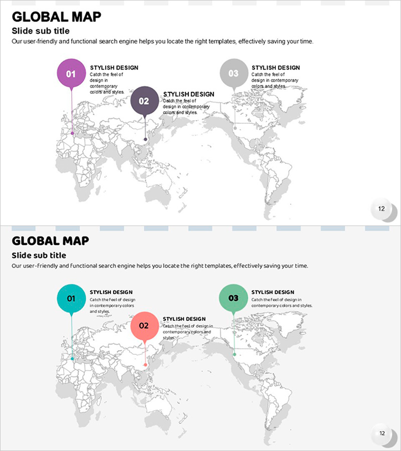 풍선 아이콘과 글로벌 맵 – 시장 분석 슬라이드