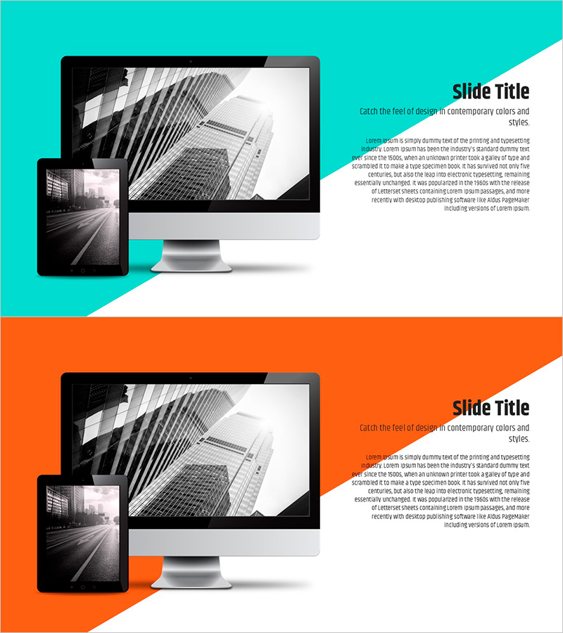 사선 배경의 PC 목업 슬라이드 – 현대적 감성의 디자인