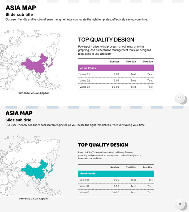 아시아 지도와 테이블 차트 – 시장 분석 및 마케팅 전략