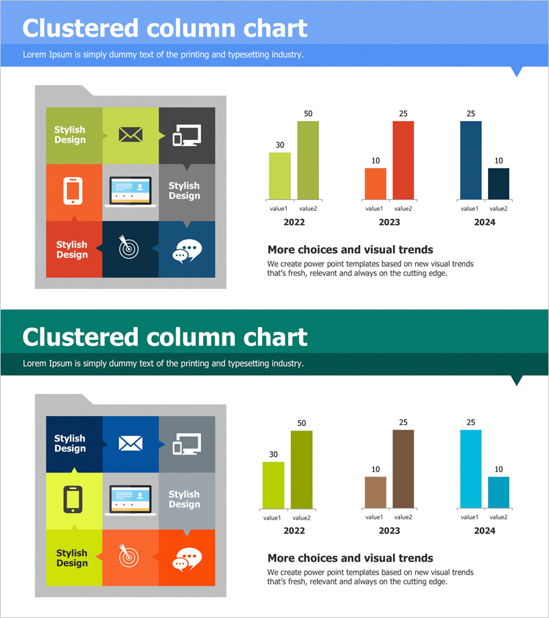 시장 동향과 분석을 위한 세로막대 슬라이드 템플릿