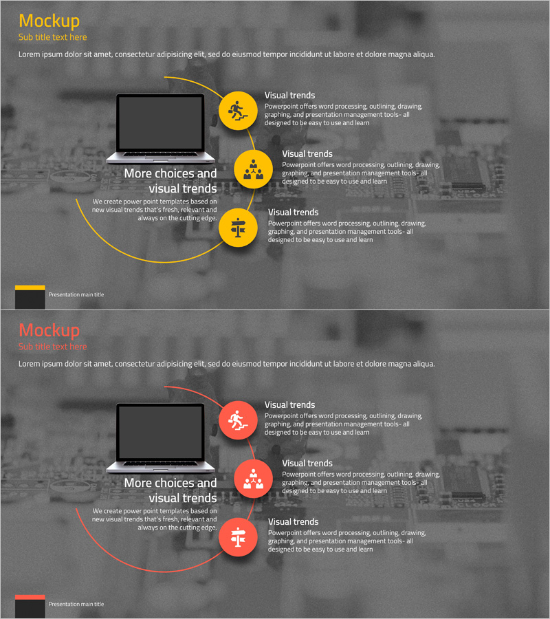기술 및 서비스 소개 및 특성을 위한 슬라이드 – 노랑과 빨간 포인트