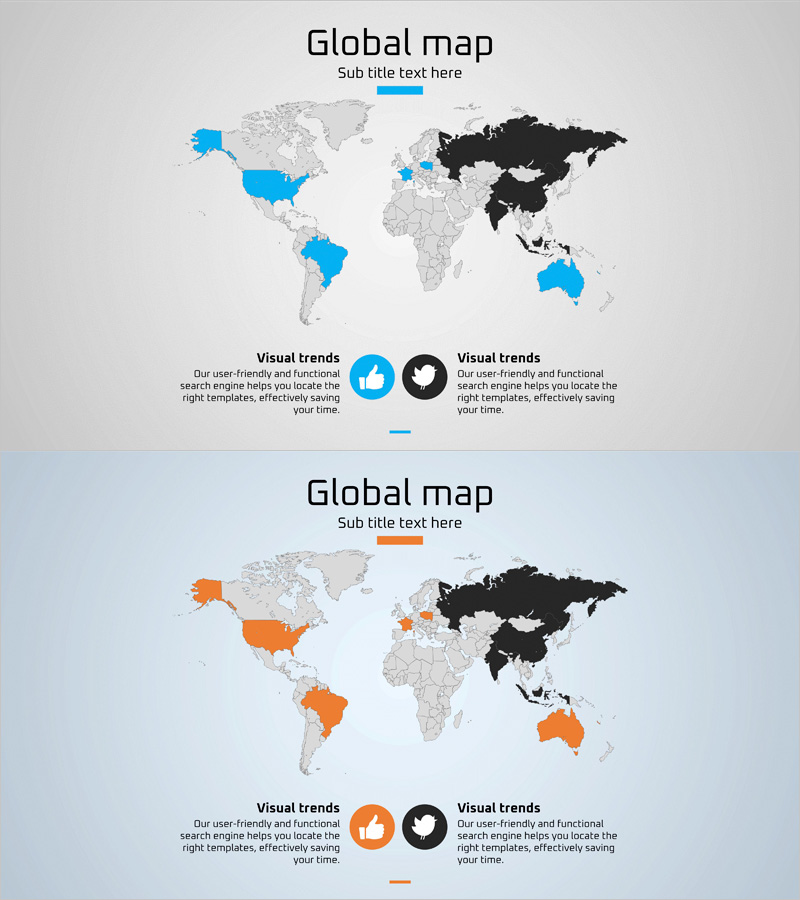 전세계 시장 분석을 위한 글로벌 네트워크 및 타겟 월드맵 - 파랑과 주황