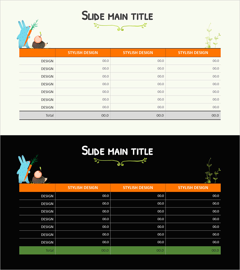 동물들과 테이블 차트 슬라이드 – 재무 계획의 재미