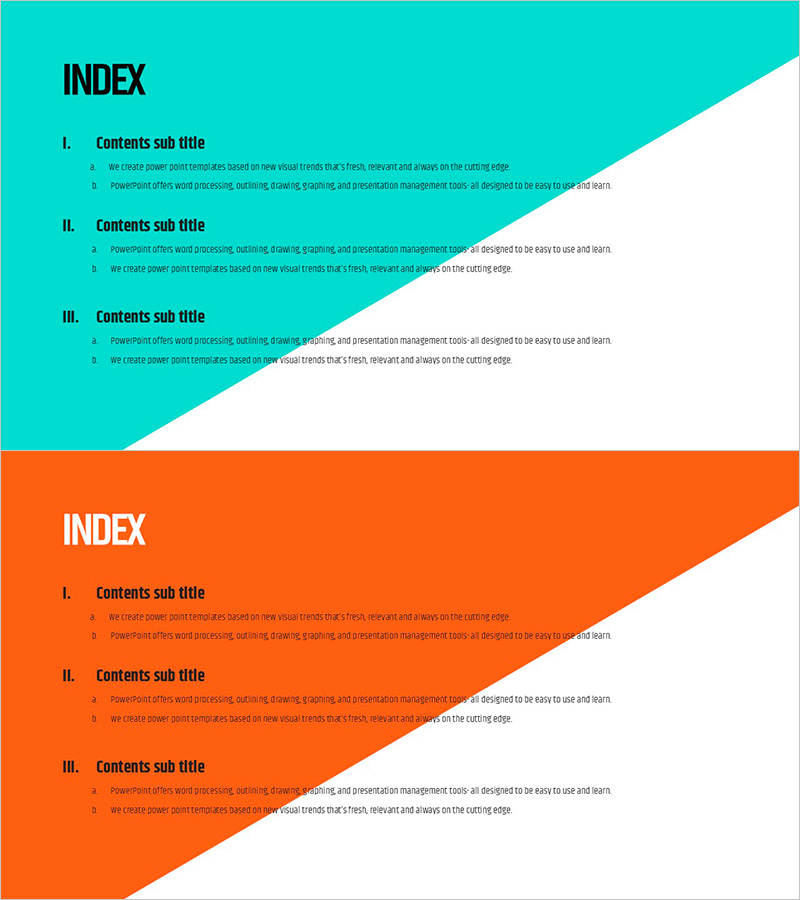사선 배경 목차 슬라이드 – 청록과 주황의 조화
