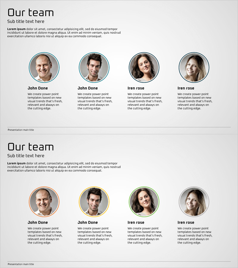 개발팀 소개 슬라이드 – 파란색, 주황색, 초록색으로 구성