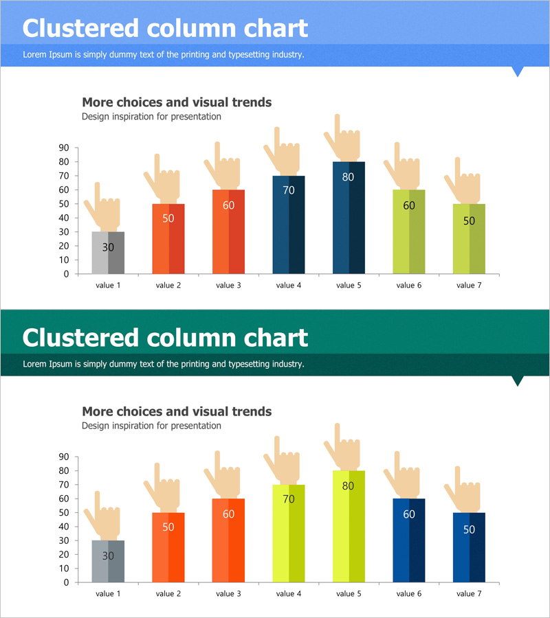 손 모양의 시장 동향 및 매출 수익 – 실용적인 그래프 슬라이드