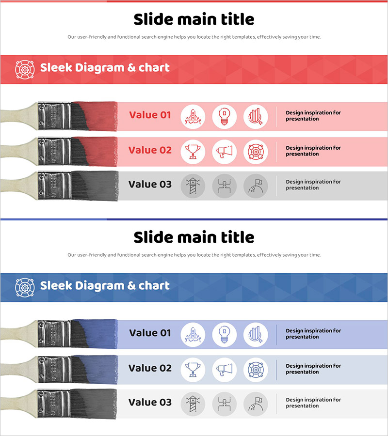 레드 퍼플 아이콘과 페인트 붓 슬라이드 – 제품 및 서비스 소개