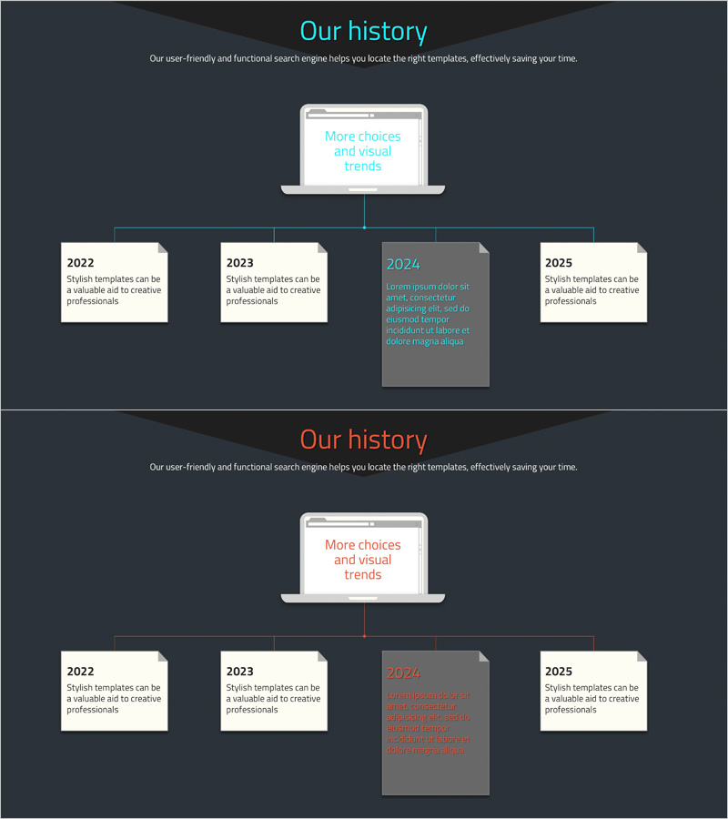 회사 구조를 시각화한 다이어그램 슬라이드 - 우리의 역사