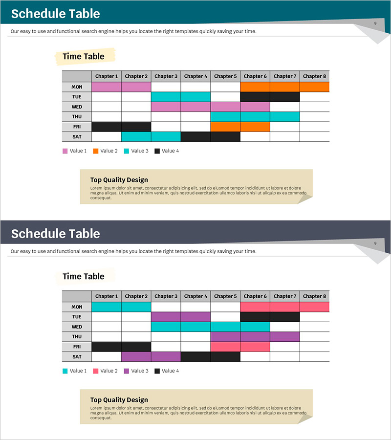 컬러영역 테이블 일정 차트 – 효과적인 운영계획 시각화