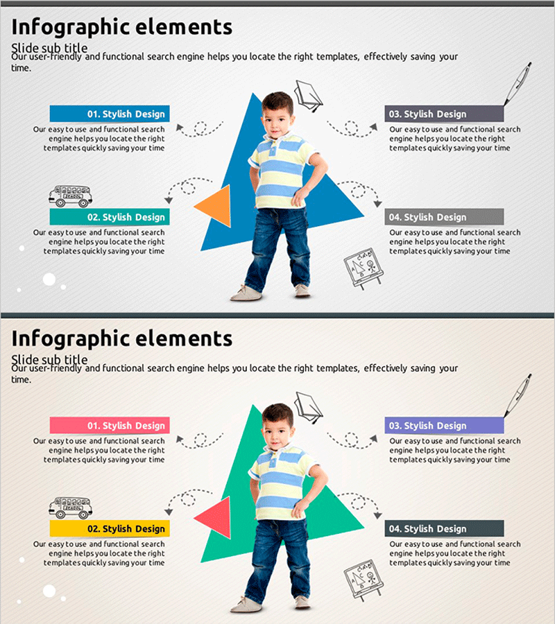 세모도형과 어린이 이미지로 사업영역을 시각화한 슬라이드