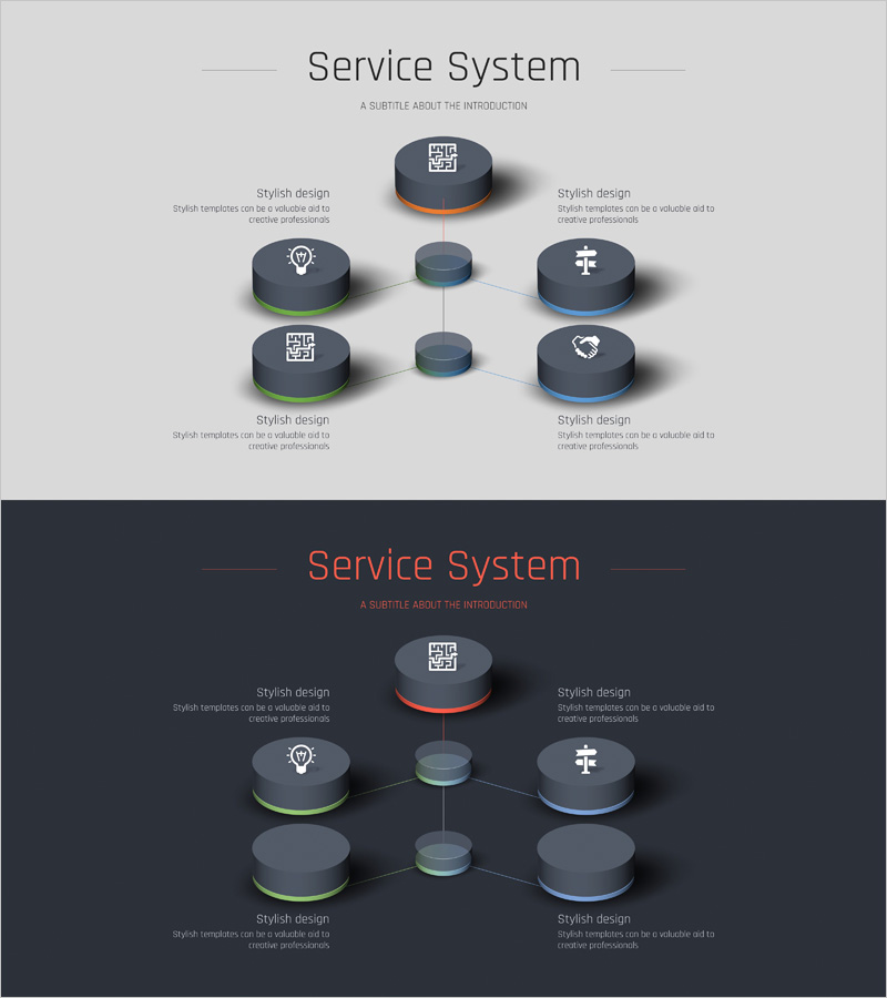 사업 영역 연결 3D 다이어그램 – 기술적 통합을 강조