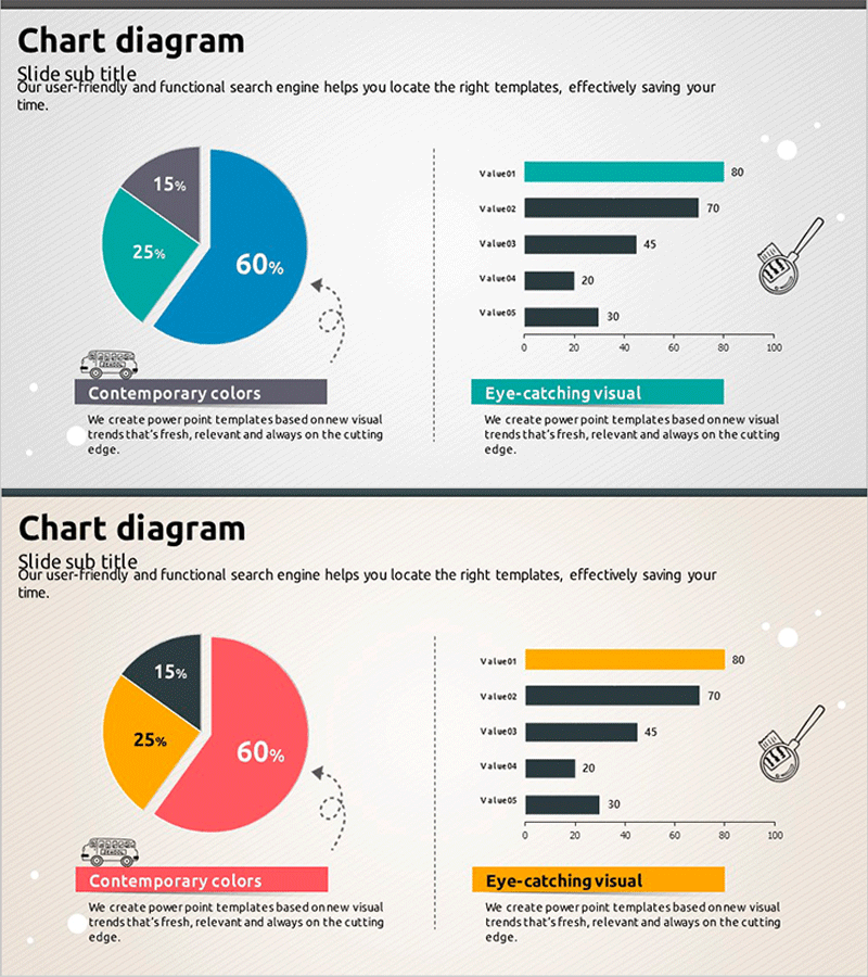 블루 레드 파이차트와 가로막대 차트 – 시장 점유율 분석