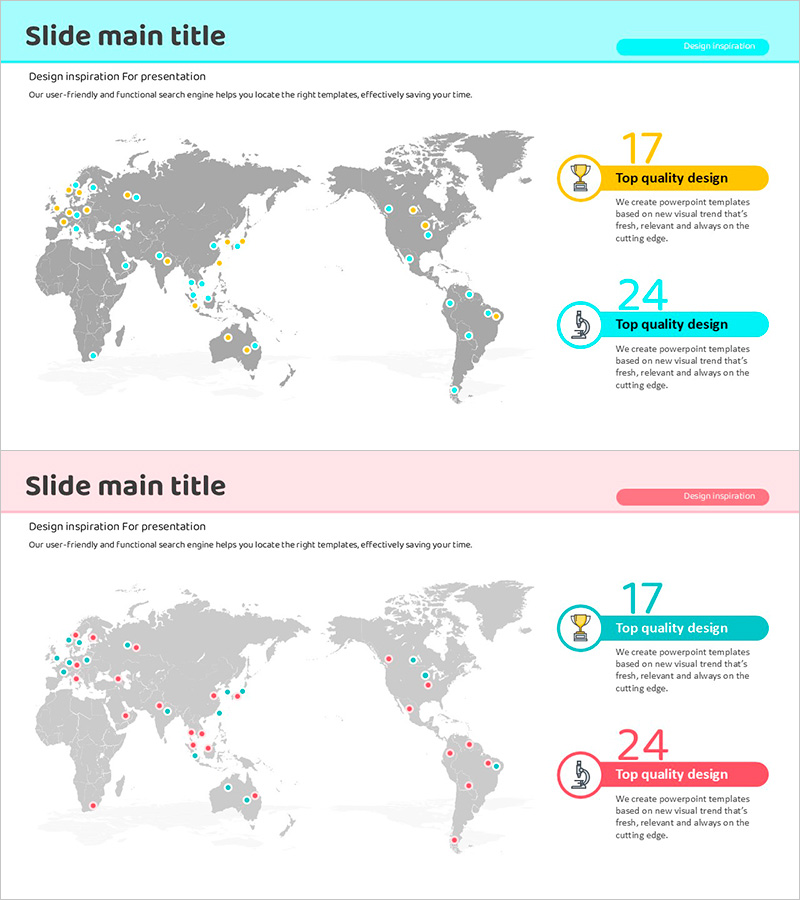 블루 핑크 맵 분포 PPT 템플릿 – 글로벌 네트워크를 강조한 설계