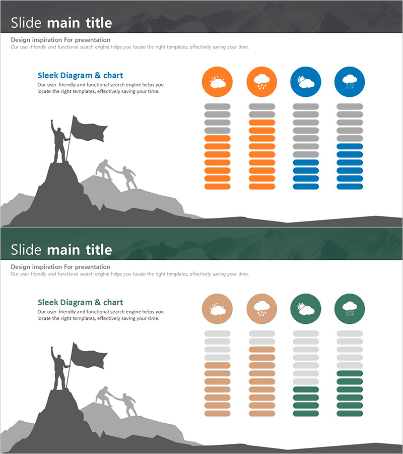 등산 실루엣과 볼륨 그래프로 성과 시각화 – 도전과 극복