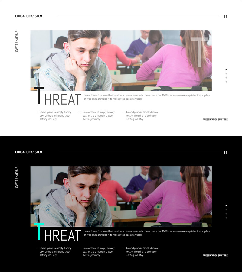 SWOT 분석을 위한 교육의 위협 슬라이드