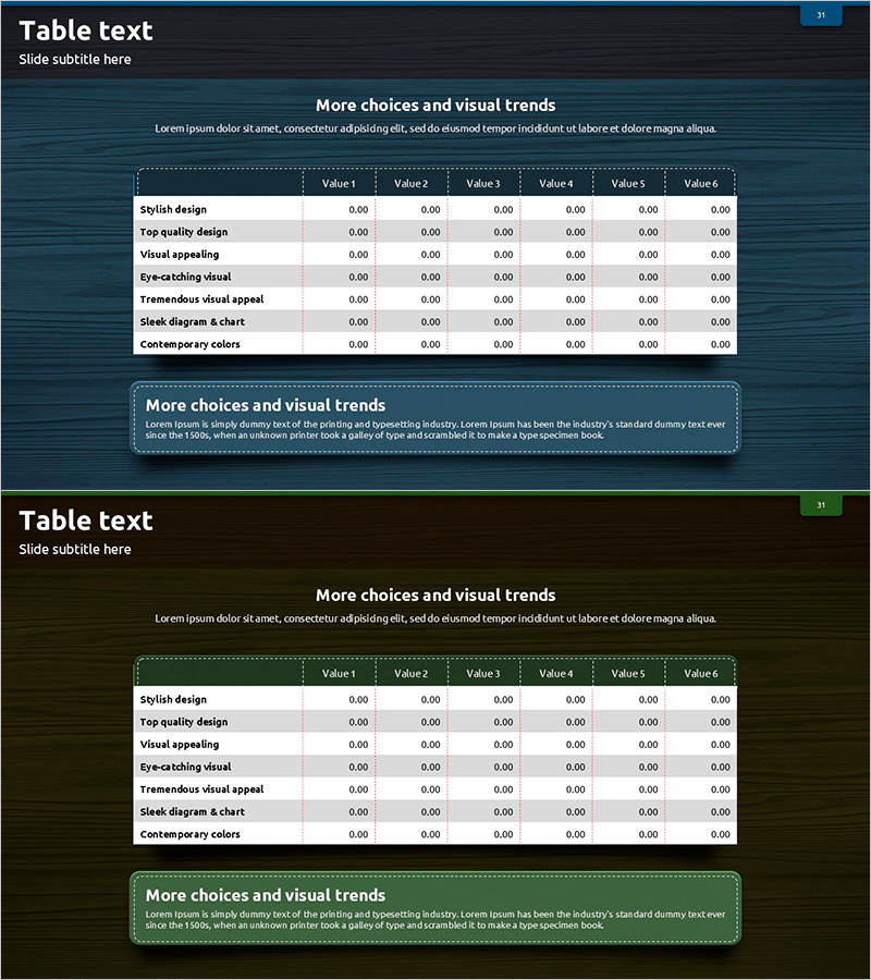 블루 그린 테이블 분석 슬라이드 – 시각적 매력과 실용성