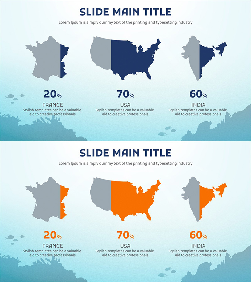 시장 점유율 분석을 위한 지도 실루엣 슬라이드