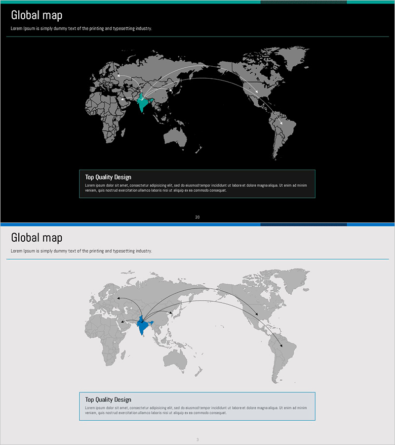 글로벌 지도와 확산되는 화살표 - 시장 분석 슬라이드