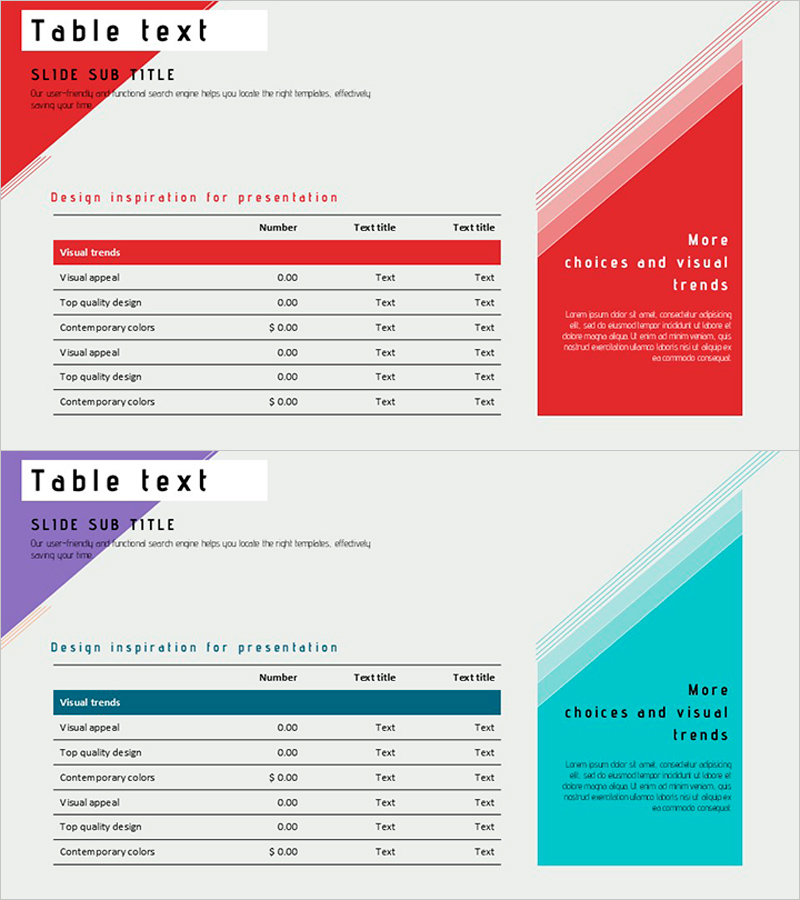 사선 박스와 테이블로 재무 계획을 시각화한 슬라이드