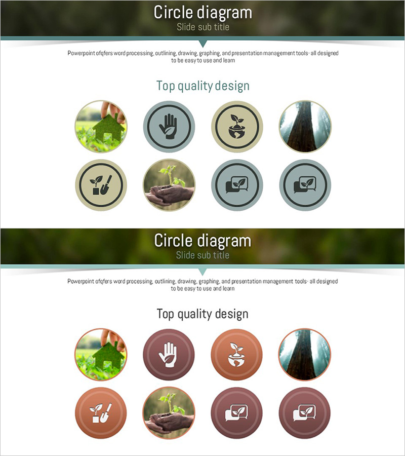 자연환경 아이콘 다이어그램 슬라이드 – 기술이 더해진 지속 가능성