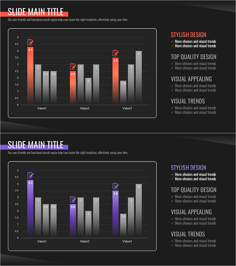 레드 퍼플 강조 세로막대차트 - 시각적 인사이트 제공