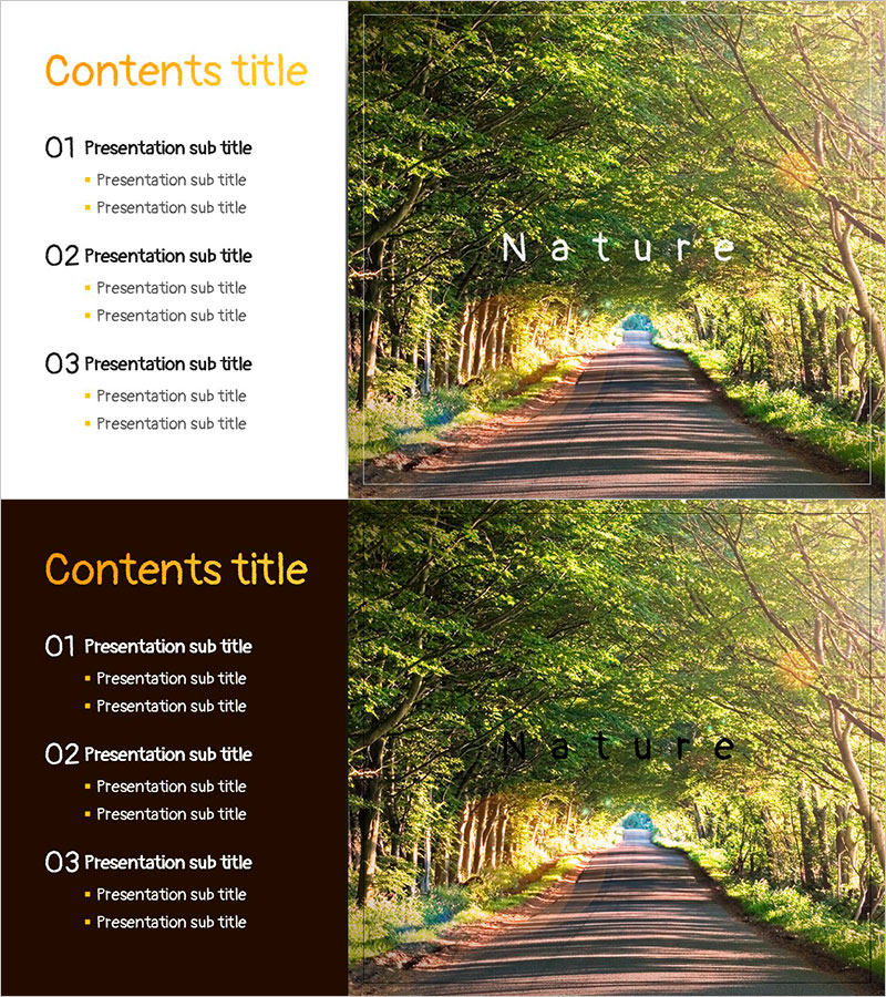 자연 컬러로 구성한 와이드 목차 슬라이드