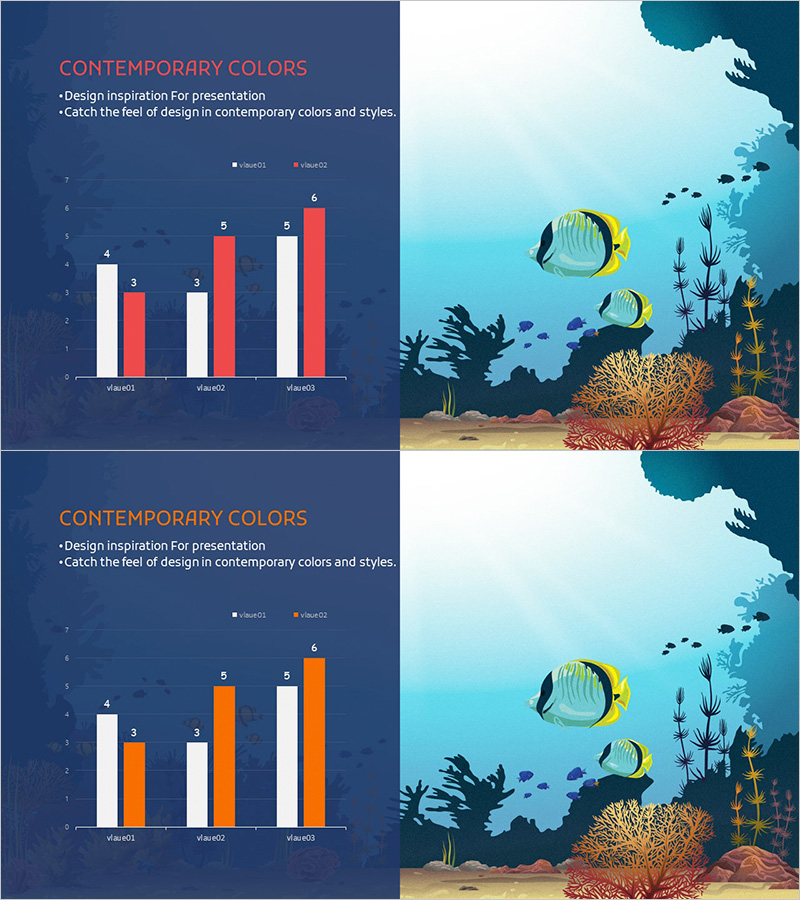 바다 와이드 PPT 묶음형 세로막대 차트 – 경쟁 우위를 강조