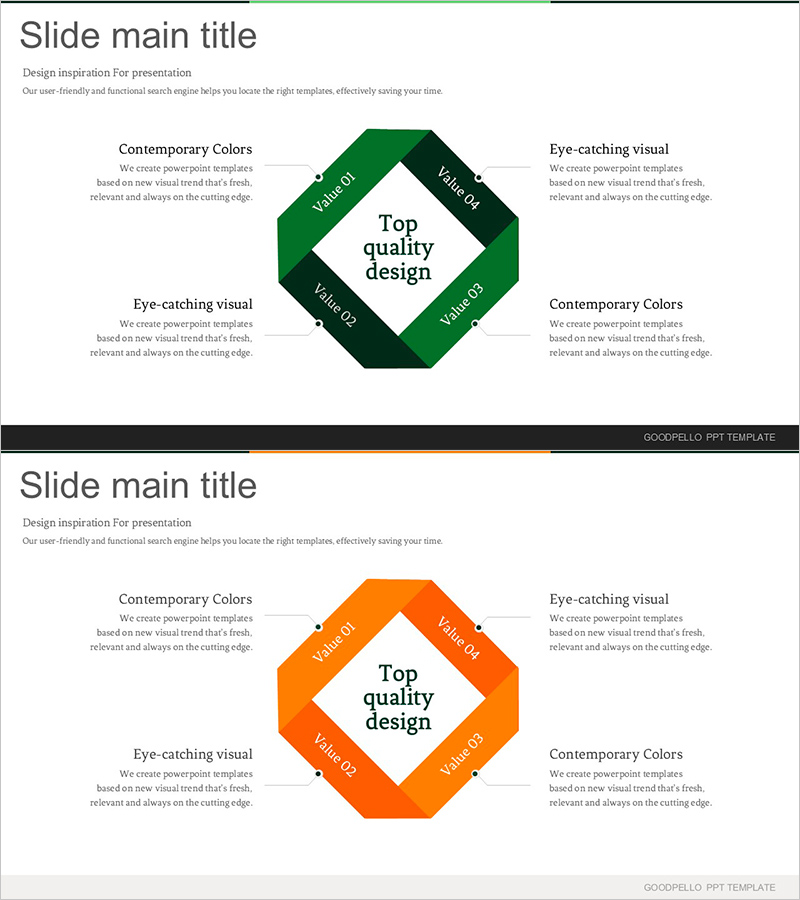 그린 오렌지 연결형 다이어그램 - 사업 비전 및 전략