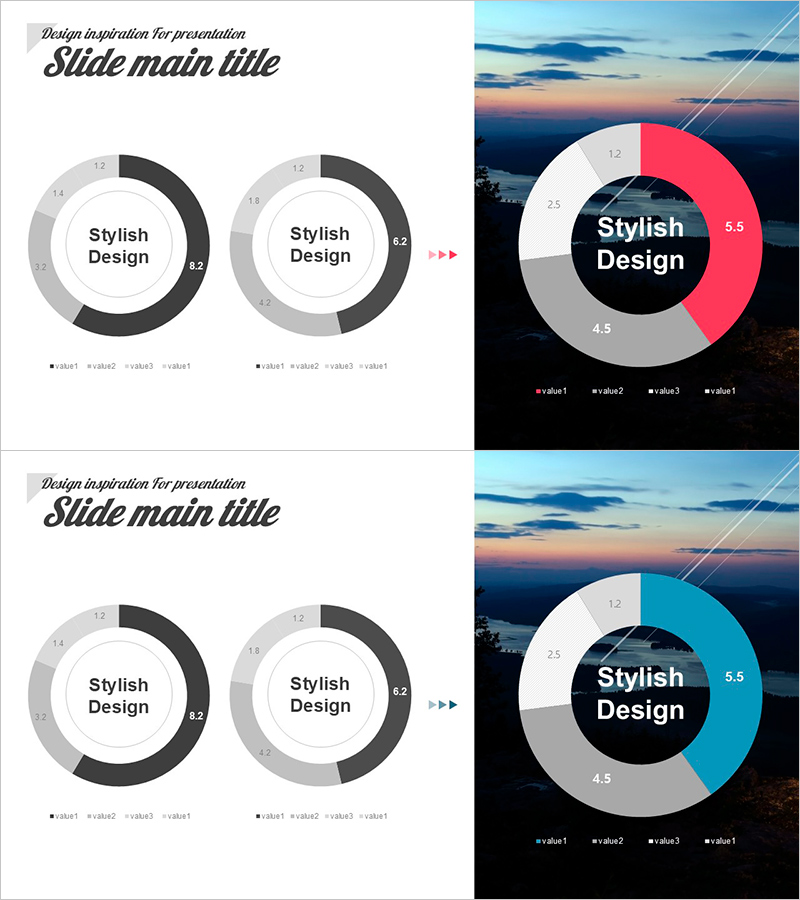 도넛형 비교 차트 슬라이드 | 데이터 시각화 PPT