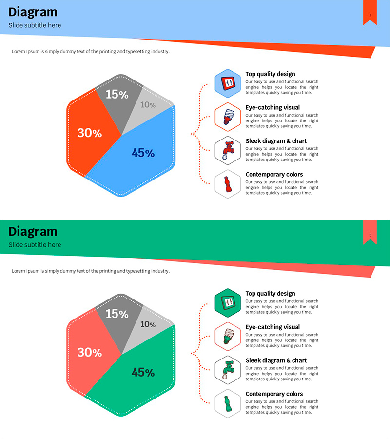 재생 가능 에너지 아이콘과 육각형 파이차트