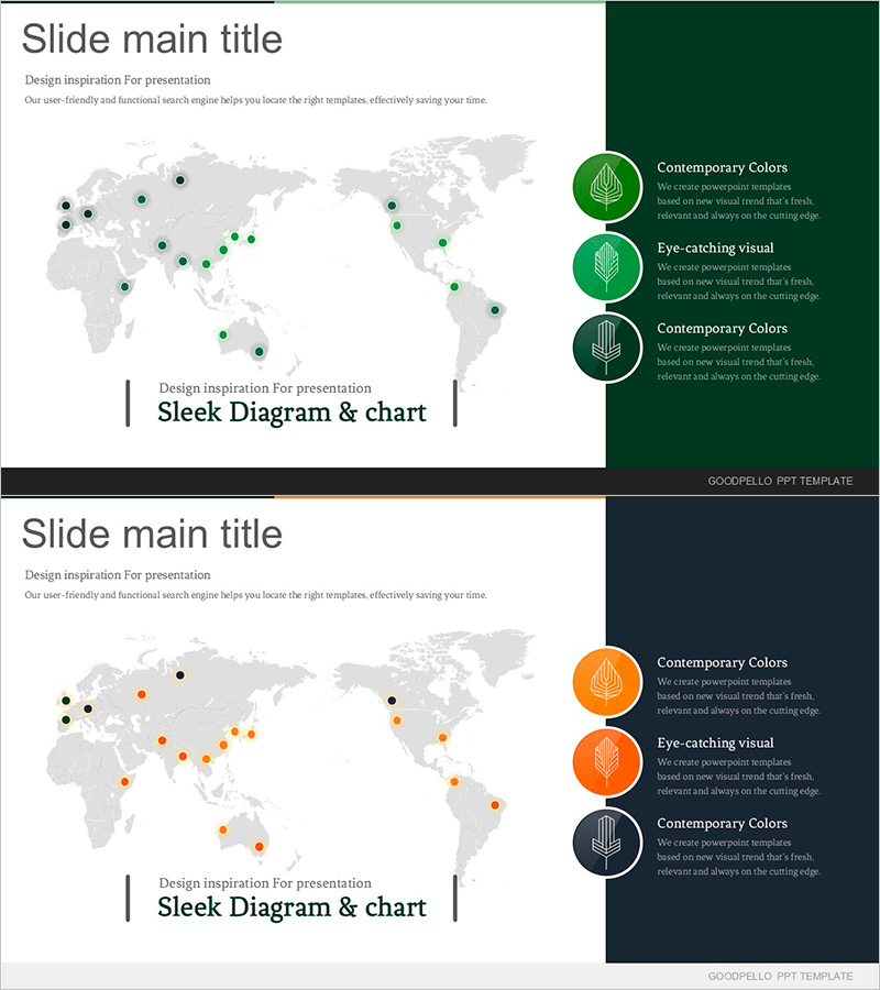 나뭇잎 아이콘과 세계 지도를 활용한 커넥션 슬라이드