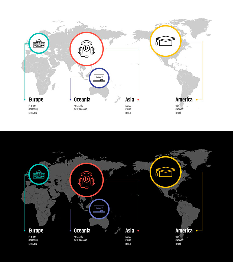 세계지도와 학습 콘텐츠 아이콘 – 글로벌 네트워크의 시각화