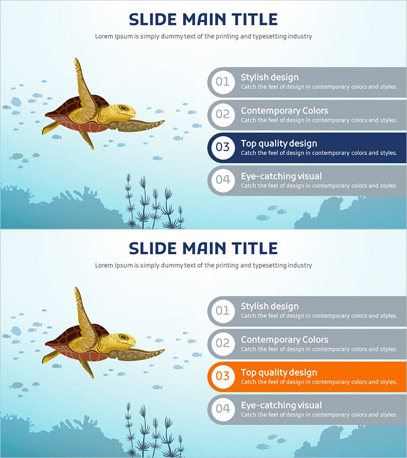 바다 거북의 특징을 시각화한 클러스터 슬라이드 – 심플한 디자인